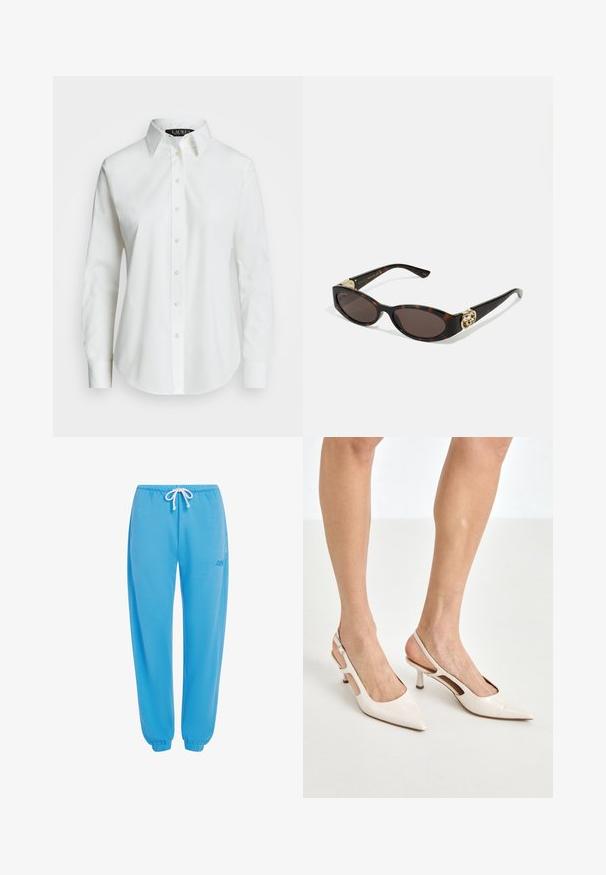 Hvid skjorte med knapper lavet af glat bomuld med en klassisk krave, der har en lige søm og beige knapper langs forsiden.; Blå joggebukser lavet af blødt stof, med elastisk talje og justerbart snøre samt elastiske manchetter ved anklerne.; Beige patenterede læder slingback hæle med spids tå og 5 cm hæl, med udskårne sider og en tynd ankelrem.; Skildpaddemønster solbriller med aflange ovale linser, brun farve, guldlogo accenter på stængerne og slanke sorte arme.; Beige mønsteret taske med en buet form, læderdetaljer og et guldtonet logo på fronten. Har et kort håndtag for nem bæring.