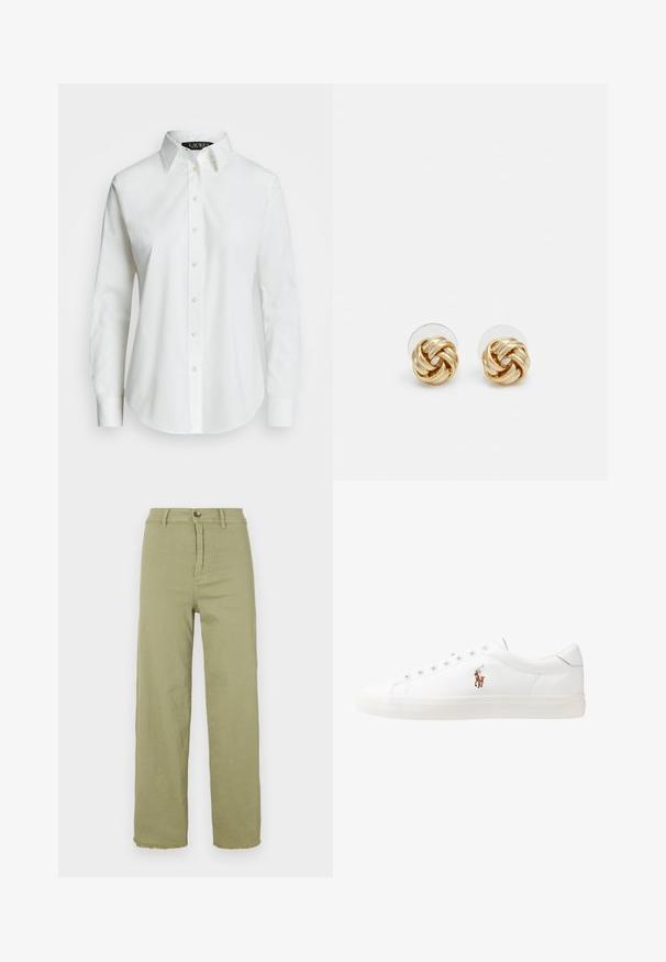 Bílá košile s rozepínáním, vyrobená z hladké bavlny, s klasickým límcem, rovný lem a béžové knoflíky na přední straně.; Světle zelené kalhoty s vysokým pasem a rovnými nohavicemi. Mají zapínání na knoflík a třepený lem. Vyrobené z bavlněné látky s hladkým povrchem.; Bílé kožené tenisky, nízký střih, s hladkým povrchem, kulatou špičkou, šněrováním v přední části a malým vyšitým logem na boku.; Náušnice ve zlatém tónu ve tvaru uzlu s propleteným designem. Každá náušnice má kulatou průhlednou oporu pro bezpečné nošení.