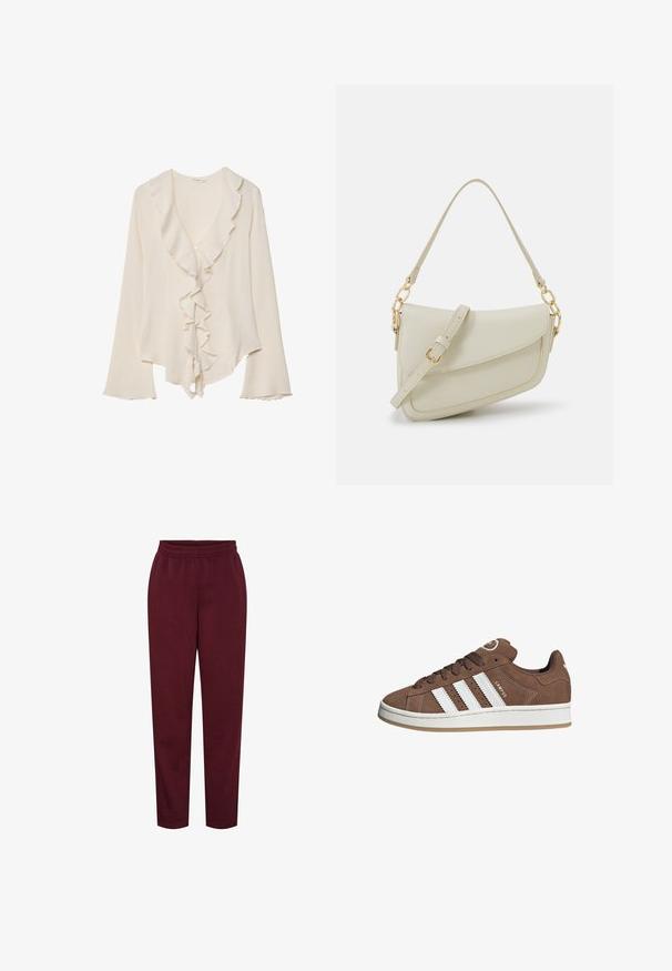 Kremowa bluzka z długim rękawem, głębokim dekoltem w kształcie V, falbaniastym wykończeniem wzdłuż dekoltu i przodu, pojedynczym zapięciem na guzik oraz lekko rozszerzonymi mankietami.; Burgundowe dresy wykonane z miękkiego materiału, z elastycznym pasem i zwężanymi nogawkami. Brak widocznych wzorów lub detali metalowych.; Brązowe zamszowe sneakersy z białymi skórzanymi paskami, gumową podeszwą, zaokrąglonym noskiem i sznurowanym przodem. Posiadają logo na języku i perforowane akcenty.; Mała torebka w kolorze kremowym z teksturowanym wykończeniem, długim regulowanym paskiem, akcentem z łańcucha oraz zapięciem na klapkę. Wykończenia w kolorze złotym.
