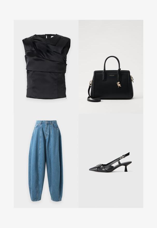 Μαύρη σατέν τοπ που διαθέτει δομημένο σχέδιο με φαρδιά ώμου και ασύμμετρο μπροστινό πάνελ, κλεισμένο με φερμουάρ στην πλάτη.; Μπλε τζιν παντελόνι σε ψηλή μέση, φαρδιά γραμμή, με πιέτες, μπροστινές τσέπες, θηλιές για ζώνη και κλείσιμο με κουμπί και φερμουάρ.; Μαύρο δερμάτινο παπούτσι slingback με μυτερή μύτη, διακοσμητικές λωρίδες με μεταλλικά μάτια και χαμηλό μπλοκ τακούνι. Υφή επιφάνειας.; Μαύρη δερμάτινη τσάντα χειρός με δομημένο σχέδιο, διπλές λαβές στην κορυφή, αποσπώμενος ιμάντας ώμου, χρυσά αξεσουάρ και διακοσμητικό λογότυπο.