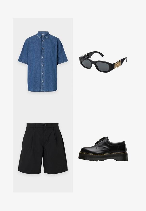 Short-sleeve denim shirt in dark blue. Features a button-up front, classic collar, and stitched detailing along the edges.; Black shorts made of smooth fabric, featuring a button closure, two front pleats, and side pockets with a relaxed fit and straight hem.; Black leather lace-up shoe with a thick, serrated black rubber sole and yellow stitching along the edge, featuring a smooth finish.; Black sunglasses with a chunky geometric frame, dark lenses, and gold metal accents on the temples featuring a round emblem detail.
