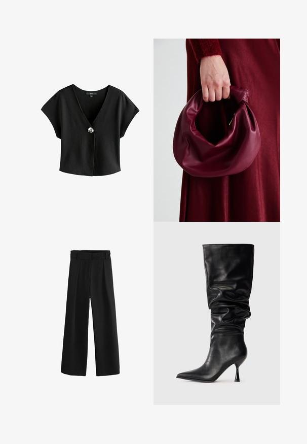 Must have V-kaelusega lõiked vahepealne must topp, millel on laiad varrukad. Sisaldab ühte hõbedast nööpi ja sellel on sile ning pehme tekstuur.; Mustad lai jalgadega püksid kõrge vöökohaga, pleatide ja siledalt kootud tekstuuriga. Valmistatud pehmest kangast mugavuse tagamiseks.; Must muste kõrge musta nahast saabas, millel on laisk disain, terav nina ja õhuke stiletto konts, millel on sile tekstuur ja minimaalsed aksesuaarid.; Burgundia värvi nahk käekott, millel on pehme, kokku tõmmatav disain ja ümar kuju. Käepide on kindlalt kinnitatud, näidates siledaid pindu.