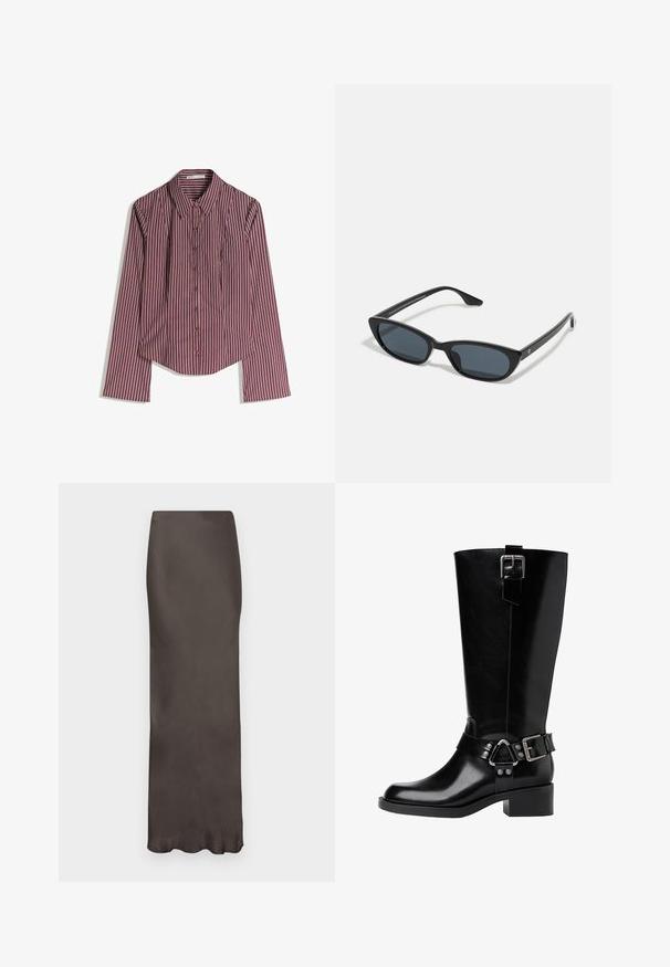 Camicia a maniche lunghe con bottoni, a righe verticali bordeaux e bianche, con colletto a punta, stesa su uno sfondo bianco.; Gonna lunga in satin marrone con silhouette aderente e texture liscia. Presenta una leggera lucentezza e non ha pattern o decorazioni visibili.; Stivale in pelle nera fino al ginocchio con punta arrotondata, tacco spesso, cinturino regolabile con accessori in metallo e finitura lucida.; Occhiali da sole cat-eye neri con lenti scure, montatura in plastica, stanghette sottili e una leggera marca sulla parte interna del braccio. Finitura opaca.; Borsa a tracolla in pelle nera con silhouette curva, dotata di una tracolla in catena dorata e una finitura liscia e lucida.