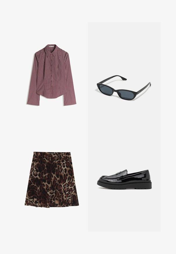 Camicia a maniche lunghe con bottoni, a righe verticali bordeaux e bianche, con colletto a punta, stesa su uno sfondo bianco.; Gonna midi in stampa leopardata con design plissettato, caratterizzata da una base color beige con macchie marroni scure e nere. Vita elasticizzata per una vestibilità comoda.; Mocassini neri in pelle verniciata con punta arrotondata, una cintura decorativa e una spessa suola in gomma nera. Texture liscia e lucida con cuciture minime.; Occhiali da sole cat-eye neri con lenti scure, montatura in plastica, stanghette sottili e una leggera marca sulla parte interna del braccio. Finitura opaca.; Borsa a tracolla in pelle nera con silhouette curva, dotata di una tracolla in catena dorata e una finitura liscia e lucida.