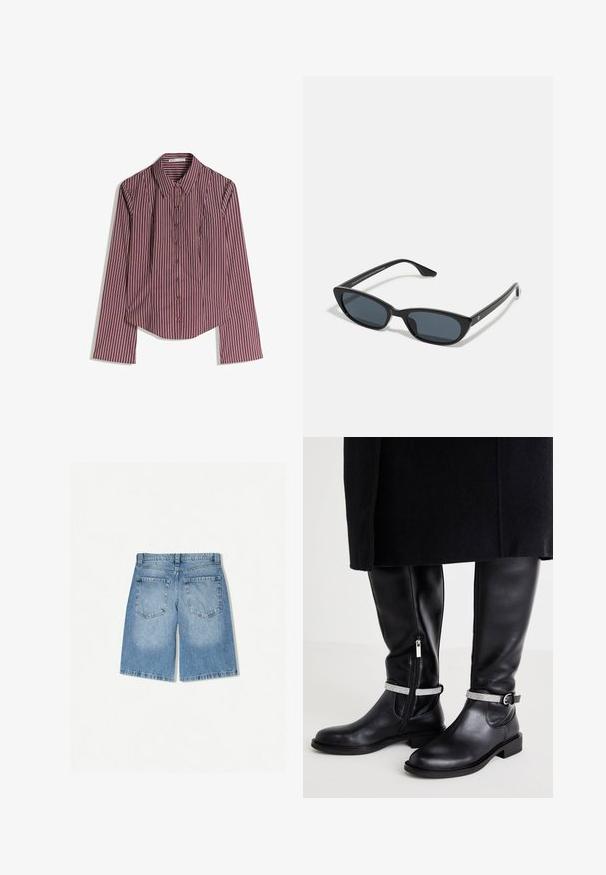 Srajca z dolgimi rokavi, zapeta do vratu, z maroon in belimi navpičnimi črtami in s koničastim ovratnikom, razložena na beli podlagi.; Denim kratke hlače v svetlo modri barvi z ohlapnim krojem. Imajo dve zadnji žep in raven kroj. Gladka tekstura z minimalnim zbledelostjo.; Črne usnjene škornje do kolen z bočnim zadrgo, z srebrnim poudarnim trakom okoli gležnja in nizko blokasto peto.; Črne mačkaste sončne očala z temnimi lečami, plastičnim okvirjem, ozkimi stebli ter diskretnim logotipom na notranji strani ročaja. Mat zaključna tekstura.; Črna usnjena torba za ramena s ukrivljeno silhueto, ki ima zlat trak in gladko, sijočo površino.