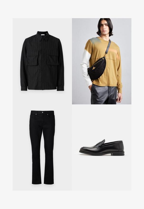 Cămașă neagră cu mâneci lungi, cu dungi verticale, două buzunare pe piept, guler și închidere cu nasturi. Material moale, texturat.; Jeans din denim negru, cu croi drept, având talie medie, cinci buzunare și accesorii din metal. Textură netedă.; Mocasini din piele neagră cu o textură netedă, vârf rotund și o curea decorativă peste partea superioară. Toc mic, design minimalist.; Vivienne Westwood CITY BUMBAG UNISEX - Borsetă - black