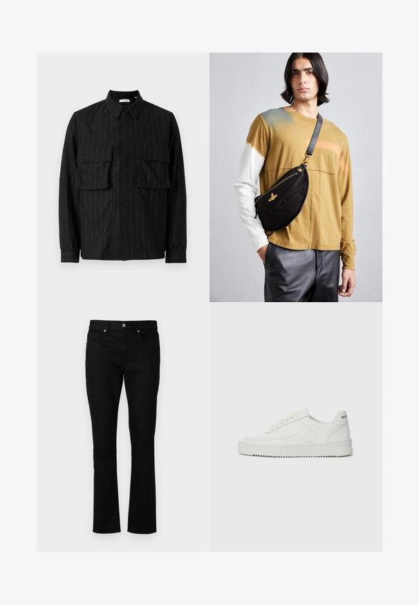 Juodas ilgomis rankovėmis marškinys, papuoštas vertikaliomis juostelėmis, su dviem krūtinės kišenėmis, apykakle ir sagų uždarymu. Minkšta, tekstūrinė medžiaga.; Juodi džinsai su tiesiu kirpimu, turintys vidutinį liemenį, penkis kišenes ir metalinius akcentus. Lygi tekstūra.; Balti odiniai sportiniai bateliai su lygia apdaila, apvaliu pirštu, plokščiais raišteliais ir tekstūruotu padu. Pasižymi subtiliu logotipu ant kulno.; Vivienne Westwood CITY BUMBAG UNISEX - Diržinis krepšelis - black