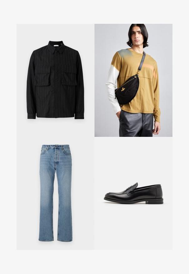 Melnas garo piedurkņu krekls ar vertikālām svītrām, divām krūtīm kabatām, apkakles izgriezumu un pogu aizdari. Mīksta, teksturēta auduma.; Gaiši zili platflēšu džinsi ar vidēju jostasvietu, piecām kabatām un pogu aizdari. Izgatavoti no džinsa auduma ar nelielu nolietojumu un šuvju detaļām.; Melnas ādas kurpes ar gludu tekstūru, noapaļu purngalu un dekoratīvu siksniņu pāri priekšpusei. Zems sakrauts papēdis, minimālisma dizains.; Vivienne Westwood CITY BUMBAG UNISEX - Jostas soma - black