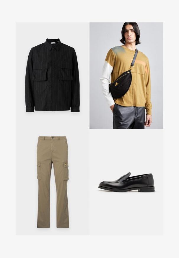 Must musta, piklike triibud, kaks rinna taskut, kraega kaelus ja nupud. Pehme, tekstureeritud kangas.; Kerge puuvillased khaki cargo püksid, sirgete jalgadega, kahe küljetaskuga ja väikese kollase logopatchiga vasakul taskul.; Mustad mustad nahast loafers sileda tekstuuriga, ümarat ninaosa ja dekoratiivne riba vampi üle. Madal kihiline konts, minimalistlik disain.; Vivienne Westwood CITY BUMBAG UNISEX - Puusakott - black