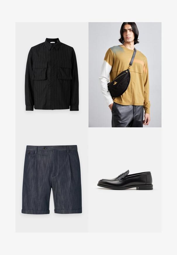 Camisa negra de manga larga con rayas verticales, dos bolsillos en el pecho, cuello con solapa y cierre de botones. Tejido suave y texturizado.; Pantalones cortos azul oscuro de tela texturizada, con un dobladillo plegado, pliegues en la parte delantera y un cierre de un solo botón en la cintura.; Mocasines de cuero negro con una textura suave, puntera redondeada y una tira decorativa en el empeine. Tacón bajo apilado, diseño minimalista.; Vivienne Westwood CITY BUMBAG UNISEX - Riñonera - black