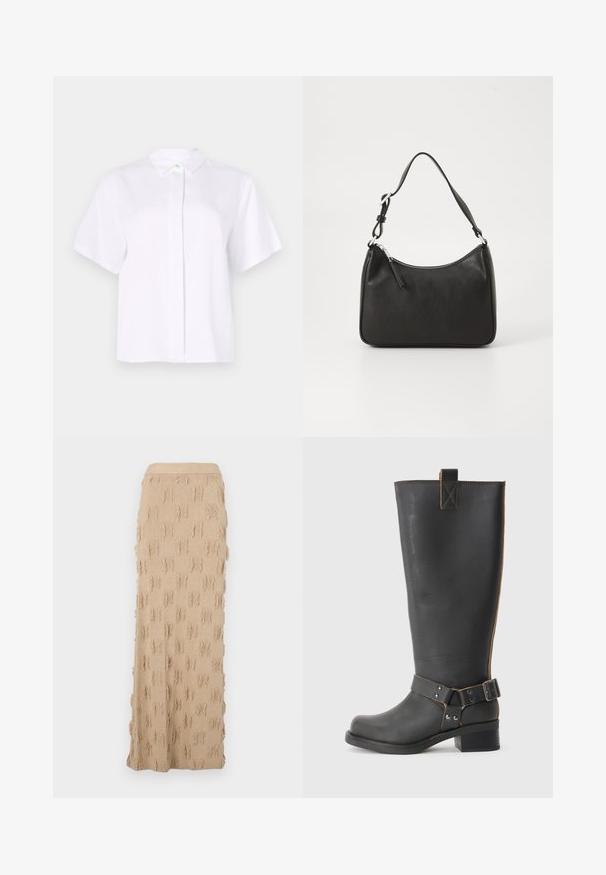 Chemise blanche à manches courtes en tissu lisse, dotée d'un col pointu et d'une patte de boutonnage avec un bouton d'accent vert.; Jupe maxi en tricot beige présentant un motif texturé avec des accents effilochés tout au long et une taille côtelée. Matière lisse et flexible.; Bottes noires en cuir, montantes jusqu'au genou, avec une finition texturée, présentant une boucle sur le côté et un talon bas. Couture détaillée le long des coutures.; Sac à main en cuir noir avec une forme courbée, une seule sangle, fermeture éclair et un logo discret à l'avant. Texture lisse, design minimaliste.