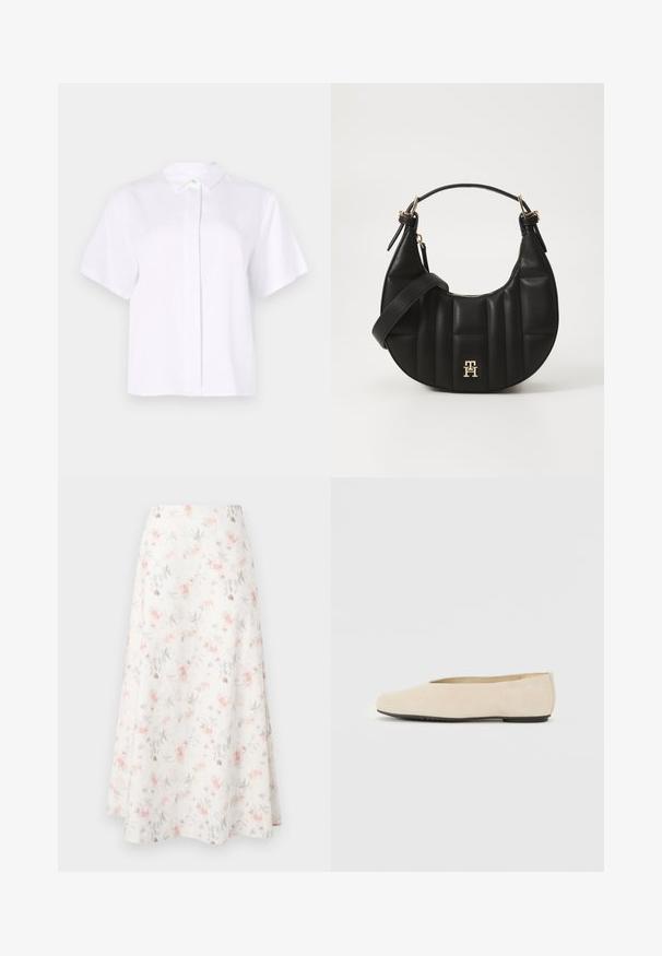 Chemise blanche à manches courtes en tissu lisse, dotée d'un col pointu et d'une patte de boutonnage avec un bouton d'accent vert.; Jupe midi fleuri en tissu blanc, avec un motif aquarelle de fleurs roses et grises, design évasé et texture lisse.; Ballerine en daim beige avec un bout arrondi, semelle plate et design minimaliste. Texture lisse et sans matériel ou ornements visibles.; Sac à main en cuir noir avec une forme incurvée, texture matelassée et quincaillerie dorée. Dispose d'une bandoulière amovible et d'un détail de logo.