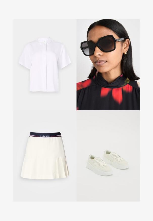 Lyhythihainen valkoinen paita, joka on valmistettu sileästä kankaasta. Paidassa on terävä kaulus ja nappilista, jossa on vihreä korostusnappi.; Valkoinen laskostettu hame, jossa on tummansininen vyötärö, jossa on Lacosten logo ja punaisia yksityiskohtia. Valmistettu sileästä, pehmeästä materiaalista.; Valkoiset matalavartiset kengät paksuilla pohjilla ja nauhoilla, joissa on reikäkuviointi sivuilla ja varpaissa, esillä valkoisella taustalla.; Mustat ylisuuret aurinkolasit geometrisella kehyksellä, tummennetut linssit ja kultasävyiset yksityiskohdat, yhdistettynä kukkakuosisella korkeakaulaisella paidalla.