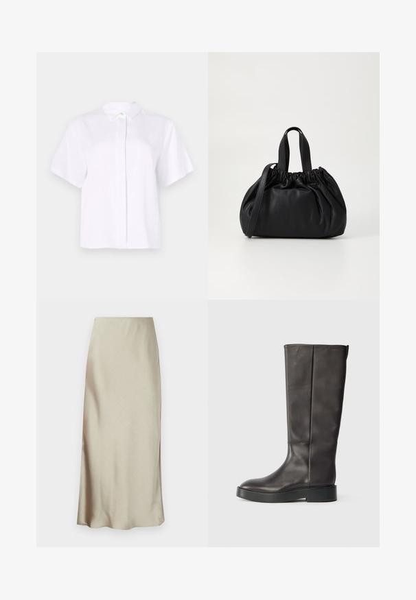 Kurzärmliges, weißes Hemd aus glattem Stoff, mit einem spitzen Kragen und einer Knopfleiste mit einem grünen Akzentknopf.; Ein langer, hellbeiger Rock aus glattem Stoff zeigt einen dezenten Glanz und einen ausgestellten Saum, der ein elegantes, minimalistisches Design bietet.; Schwarze knöchelhohe Lederstiefel mit dicker Sohle und dezentem Calvin Klein Logo nahe der oberen Kante, seitlich gezeigt.; Schwarze Lederhandtasche mit einem gerafften Oberteil, ausgestattet mit zwei kurzen Griffen und einem langen verstellbaren Schulterriemen. Glatte Textur, runde Form.