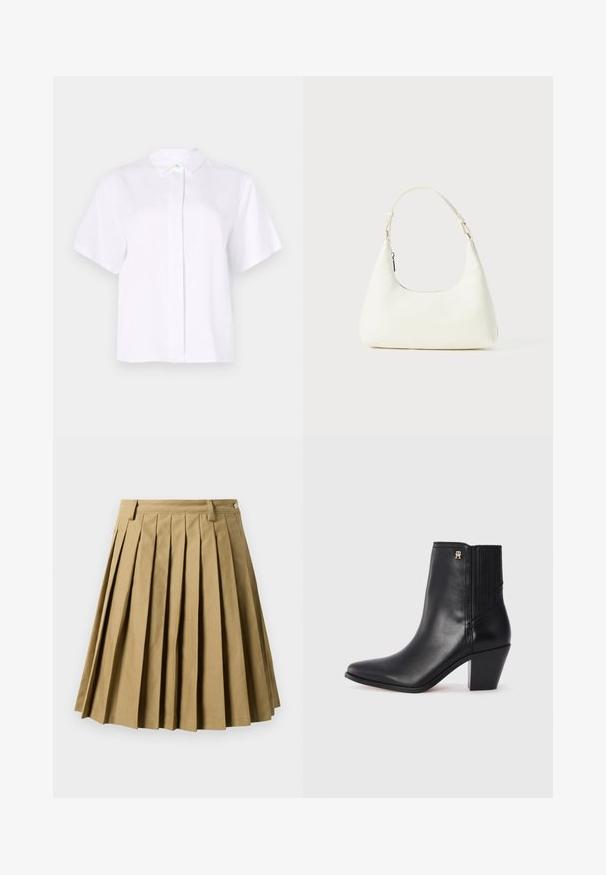 Trumpas baltas marškinys, pagamintas iš lygaus audinio, su smailu apykakle ir mygtukų eilių užsegimu su žaliu akcento mygtuku.; Kakio spalvos klostuota sijonas, pagamintas iš medvilnės mišinio, su prigludusia juosmens dalimi ir dirželio kilpomis, su plačia siluetu, baigiasi virš kelių.; Juodos odinės kulkšninių batų su smailiu nosimi, elastiniais šonais ir kvadratiniu kulnu. Yra mažas auksinis logotipas.; Maža balta peties rankinė su viena reguliuojama juostele ir užtrauktuko uždarymu, išdėstyta ant vientiso balto fono.