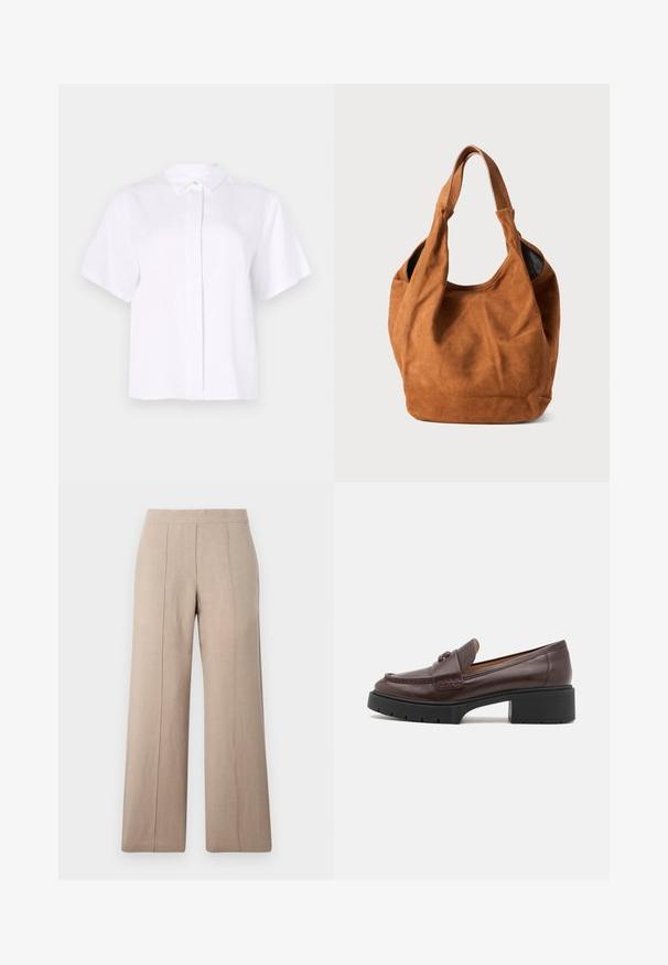 Short-sleeved white shirt made from smooth fabric, featuring a pointed collar and a button placket with a green accent button.; Beige wide-leg trousers made of lightweight fabric, featuring front pleats, a smooth waistband, and a straight cut with clean hems.; Brown leather loafer with a rounded toe, stitched detailing, and a chunky black rubber heel. Smooth texture and minimal accents.; Brown suede shoulder bag with a soft texture, curved shape, and two handles. Features a minimal design with no visible hardware or accents.
