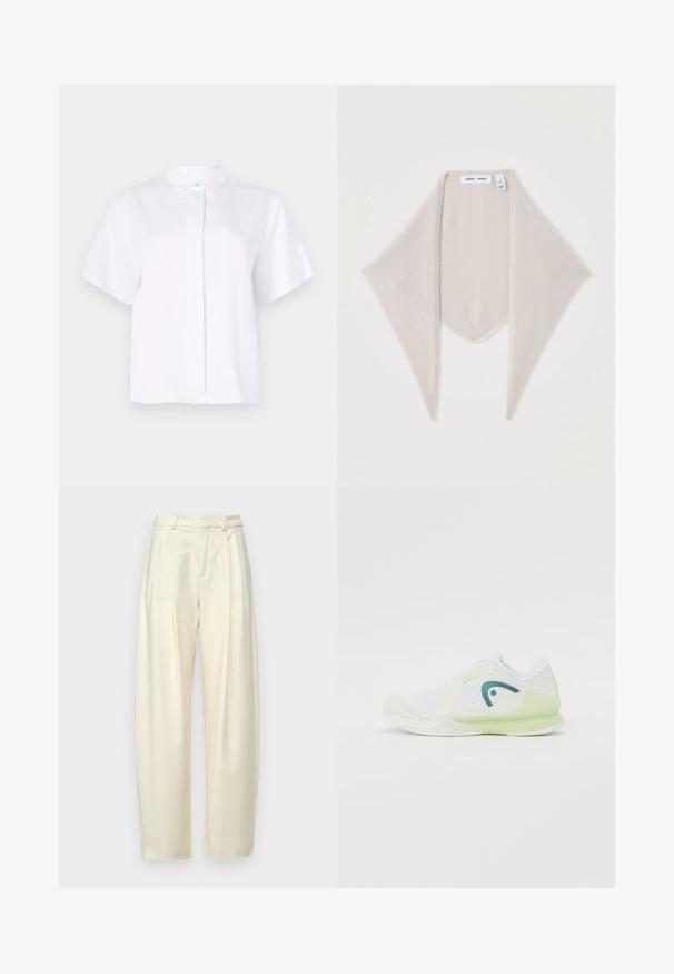 Kortærmet hvid skjorte lavet af glat stof, med en spids krave og en knapliste med en grøn accentknap.; Plisserede, højlivede bukser i let cremefarvet stof. Har en lige pasform og en glat tekstur. Ingen lommer eller synligt hardware.; Hvide atletiske sko med mesh overdel og gummisål, fremhævet af en grøn hæl og lyseblå detaljer, med et strømlinet design.; Beige strikket trekantet tørklæde med spidse ender, med mærke fra mærket og certificeringsmærkat nær den øverste kant.