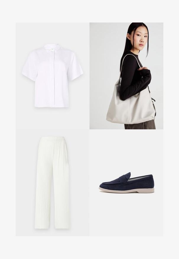 Short-sleeved white shirt made from smooth fabric, featuring a pointed collar and a button placket with a green accent button.; White, pleated wide-leg pants with an elastic waistband. Made of lightweight fabric, featuring vertical stripes and a fluid fit.; Navy suede loafers with a rounded toe and stitched detailing. Features a padded tongue and a light beige rubber sole for comfort.; Beige handbag made of soft material, featuring a slouchy design, stitched detailing, and two shoulder straps. Suitable for everyday use.