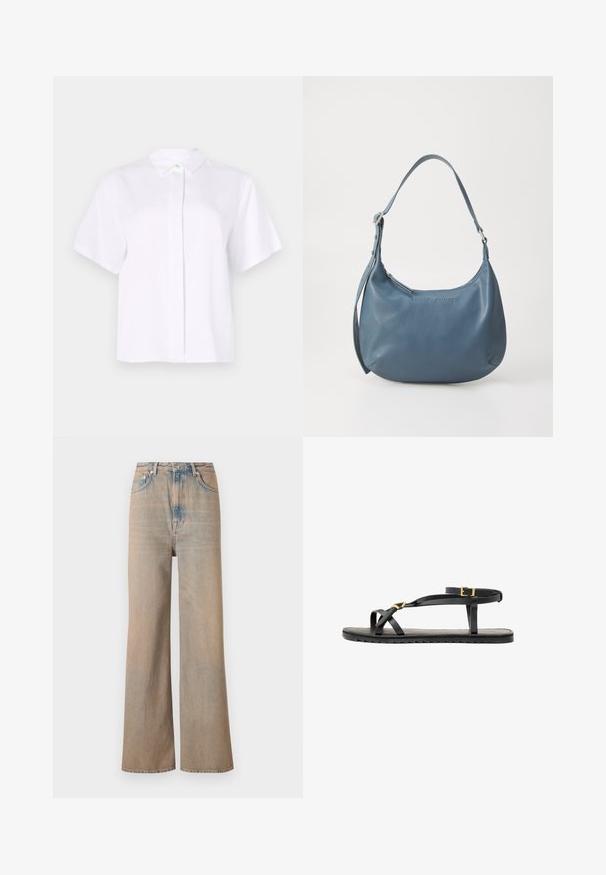 Lühikeste varrukatega valge särk, mis on valmistatud siledast kangast, millel on terava krae ja nööbiplack, millel on roheline aktsentnööp.; Heled pesu laiad püksid kõrge taljega, valmistatud denimist. Omavad peent õmblust ja viit taskut ning neil on veidi kulunud tekstuur.; Mustad musta nahast sandaalid õhukeste rihmade ja lukustatava pahkluu rihmaga. Tasane sole tekstureeritud viimistluse ja zikk-zakk servaga. Minimalistlik disain.; Sinine nahast käsipadi ümarate vormidega, ühe õlapaela, tõmblukuga ja esiküljel reliefse brändinimega. Sile tekstuur.