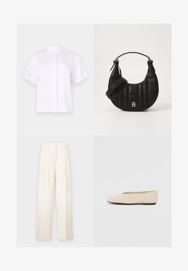 Cămașă albă cu mânecă scurtă, realizată dintr-un material neted, având un guler ascuțit și un plastron cu nasturi, cu un nasture de accent verde.; Pantaloni largi de culoare crem, realizați dintr-un material neted. Prezintă un design sofisticat, cu pliseuri frontale și o croială dreaptă.; Balerini bej din suede, cu vârful rotund, talpă plată și un design minimalist. Textură netedă, fără elemente metalice sau decorațiuni vizibile.; Geantă de mână din piele neagră, cu o formă curbată, textură matlasată și accesorii aurii. Dispune de o curea pentru umăr detașabilă și detalii cu logo.