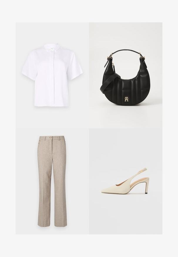 Kortgerit shirt in het wit, gemaakt van een gladde stof, met een spitse kraag en een knoopsluiting met een groene accentknop.; Beige visgraatbroek met een rechte pijp, voorzien van twee gouden knoopaccenten in de taille en een gladde, getextureerde stof.; Beige leren slingback hakken met een spitse neus, open zijkant en een slanke hoge hak. Voorzien van een gouden accent op de band.; Zwarte leren handtas met een gebogen vorm, gevoerd textuur en gouden hardware. Beschikt over een afneembare schouderband en logo-detail.
