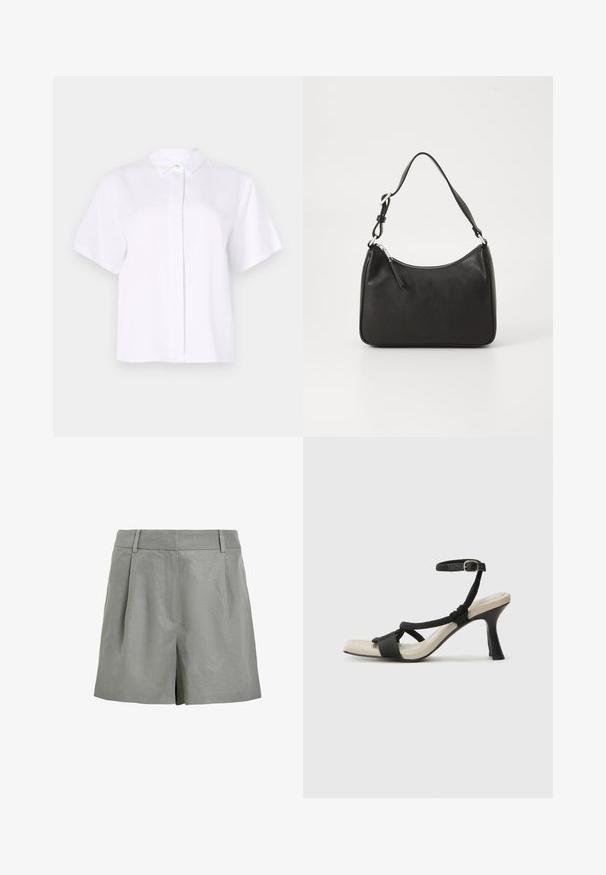 Kortærmet hvid skjorte lavet af glat stof, med en spids krave og en knapliste med en grøn accentknap.; Lysegrå shorts lavet af struktureret stof, med flad front, to for-pleating og en mellemhøj talje uden synlige lukninger.; Sorte hælede sandal med flettet remdesign, firkantet tå og justerbar ankelrem. Lys beige fodseng med en blank sort hæl.; Sort læderhåndtaske med en buet form, en enkelt rem, lynlås lukning og diskret branding på forsiden. Glat tekstur, minimalistisk design.