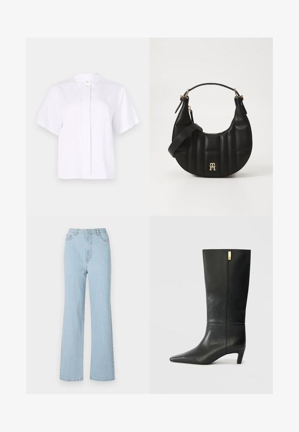 Cămașă albă cu mânecă scurtă, realizată dintr-un material neted, având un guler ascuțit și un plastron cu nasturi, cu un nasture de accent verde.; Jeans din denim bleu deschis, cu talie înaltă, cu un croi confortabil, picioare largi și un design clasic cu cinci buzunare. Prezintă un nasture din metal și închidere cu fermoar.; Boot cu piele neagră, până la genunchi, cu vârf ascuțit și toc mic. Prezintă un design elegant cu un detaliu auriu. Textură netedă.; Geantă de mână din piele neagră, cu o formă curbată, textură matlasată și accesorii aurii. Dispune de o curea pentru umăr detașabilă și detalii cu logo.