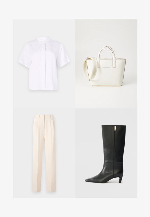 Camisa blanca de manga corta confeccionada en tela suave, con cuello puntiagudo y una botonera con un botón de acento verde.; Pantalones de vestir beige con pliegues, que presentan un corte recto y una textura suave. La cintura es limpia, sin herrajes visibles.; Bota de cuero negro hasta la rodilla con puntera afilada y un pequeño tacón. Presenta un diseño elegante con un detalle en dorado. Textura suave.; Bolso de mano de cuero sintético blanco con asas cortas, correa de hombro ajustable y herrajes en tono dorado; presenta un sutil logo en la parte frontal.