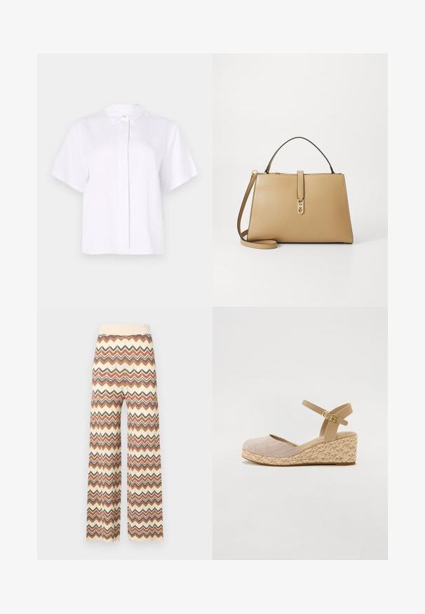 Kortgerit shirt in het wit, gemaakt van een gladde stof, met een spitse kraag en een knoopsluiting met een groene accentknop.; Malina DITTE PANTS - Broek - multi-coloured; Beige espadrille sleehak sandaal met een gestructureerde stoffen bovenkant en een verstelbare enkelband; jute geweven middenzool, platte rubberen zool.; Tommy Hilfiger LIBRE SATCHEL - Handtas - safari