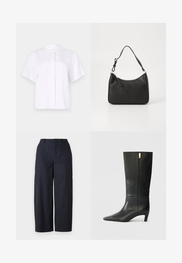 Short-sleeved white shirt made from smooth fabric, featuring a pointed collar and a button placket with a green accent button.; Navy wide-leg trousers with a smooth texture, flat front, and waistband. Made from lightweight fabric, offering a relaxed fit.; Black leather knee-high boot with a pointed toe and a small heel. Features a sleek design with a gold accent detail. Smooth texture.; Black leather handbag with a curved shape, a single strap, zip closure, and subtle branding on the front. Smooth texture, minimalist design.