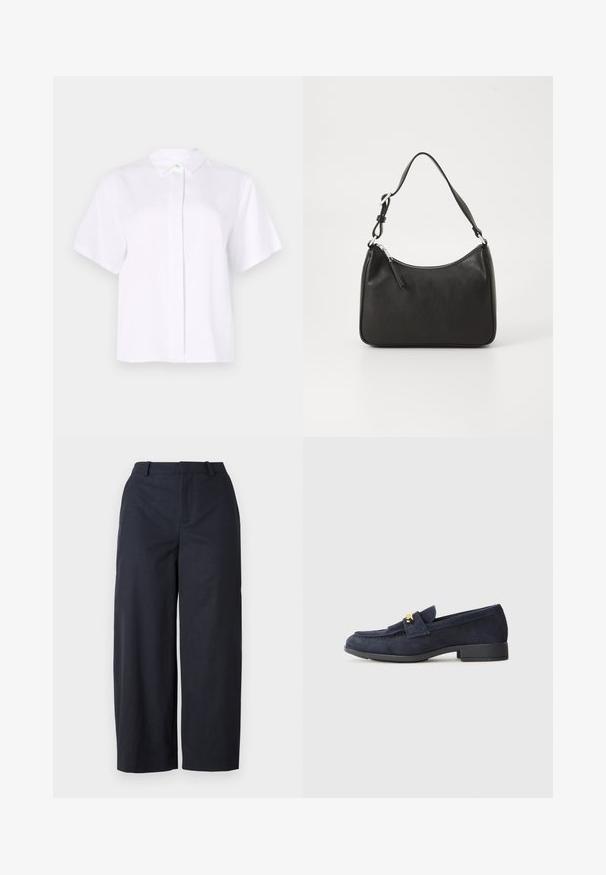 Short-sleeved white shirt made from smooth fabric, featuring a pointed collar and a button placket with a green accent button.; Navy wide-leg trousers with a smooth texture, flat front, and waistband. Made from lightweight fabric, offering a relaxed fit.; Navy suede loafers with a low black heel, featuring a decorative gold hardware detail on the front and a rounded toe design.; Black leather handbag with a curved shape, a single strap, zip closure, and subtle branding on the front. Smooth texture, minimalist design.