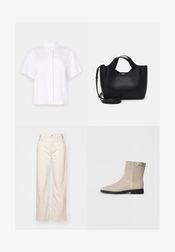 Kortermet hvit skjorte laget av glatt stoff, med spiss krage og en knappestolpe med en grønn detaljknapp.; Lys beige vidde jeans laget av denim, med høy midje, fem-lommers design og sømdetaljer langs sømmene.; Beige skinnankelstøvlett med spiss tå, svart såle, lav hæl og gullspenne på yttersiden, vist på hvit bakgrunn.; Svart skinnhåndveske med teksturert finish, vinklet form, doble håndtak og justerbar skulderrem. Har et DKNY-logo som detaljer.