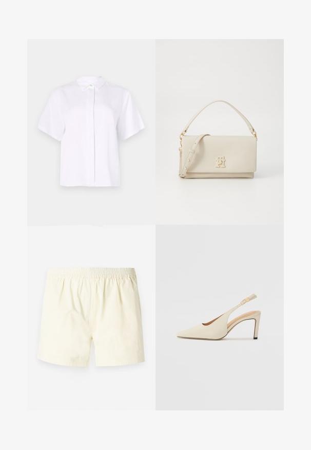 Biela košeľa s krátkym rukávom vyrobená z hladkej látky, s špicatým golierom a gombíkovou légou s akcentovaným zeleným gombíkom.; Svetložlté bavlnené šortky s elastickým pásom, s uvoľneným strihom a hladkou textúrou, bez viditeľných vzorov alebo akcentov.; Bežové kožené slingback podpätky s ostrou špičkou, otvoreným bočným dizajnom a úzkym vysokým podpätkom. S popruhom so zlatým akcentom.; Béžová kožená kabelka so štruktúrovaným tvarom, zlatým kovovým kováním a logom na prednej strane. Obsahuje hornú rukoväť a odnímateľný ramenný popruh.