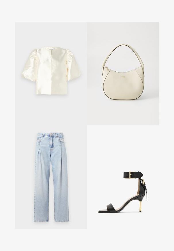 Blusa de satén marfil con mangas abullonadas, con escote redondeado y cierre recto en la espalda. Textura suave con un diseño minimalista.; Jeans de mezclilla azul claros con cintura alta, corte de pierna ancha, dos bolsillos laterales y un diseño plisado. Textura suave con un acabado deslavado.; Sándal de tacón de cuero negro con punta cuadrada, correa en el tobillo con hebilla dorada y un tacón metálico esbelto. Textura suave, diseño minimalista.; Bolso color crema con acabado texturizado, forma curvada, asa corta y detalle del logotipo en tono dorado. Cierre con cremallera en la parte superior.