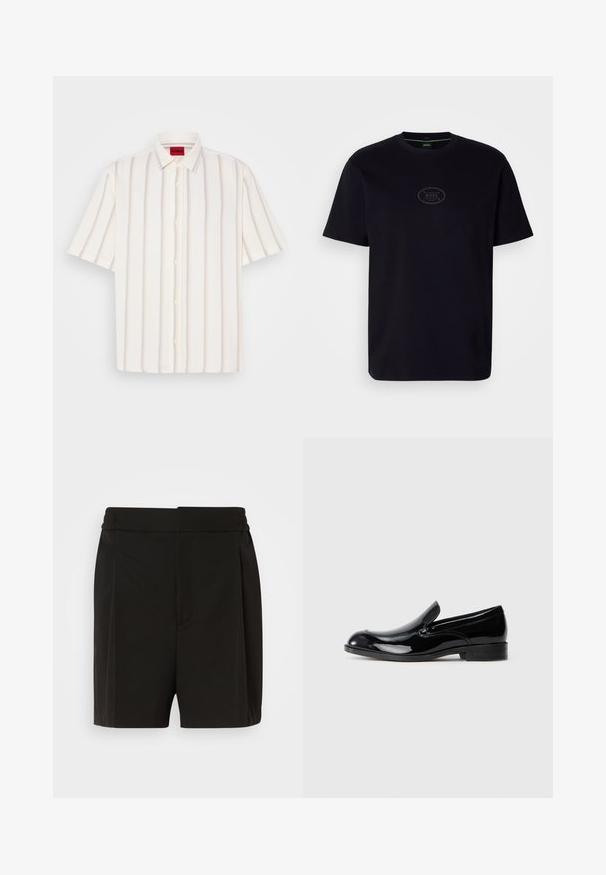 Īsām piedurknēm, pogājama krekla balta krāsa ar vertikāliem svītriņām gaiši pelēkā un maigu tonī, ar tradicionālu apkakli un mīkstu faktūru.; Melnas kokvilnas T-krekls ar apaļu kakla izgriezumu, īsām piedurknēm un diskrētu pelēku "BOSS" logotu priekšpusē, ar brīvu piegriezumu.; Melni šorti, kas izgatavoti no gludas auduma, ar plisētu priekšpusi un elastīgu jostu. Taisnas kājas nodrošina brīvu piegulšanu.; Melnas lakotas ādas loafers ar noapaļotu purngalu, viegla uzlikšanas dizains, smalki izšūti akcenti un zems papēdis. Ilgmūžīga gumijas zole.