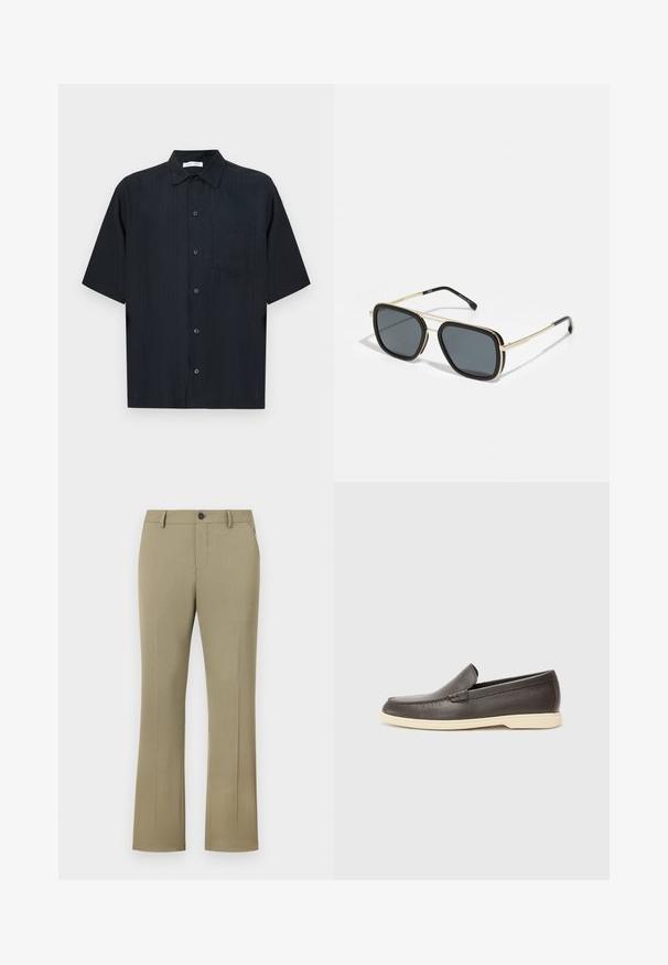 Crna košulja kratkih rukava od teksturiranog tkanja, s prednjim kopčanjem na gumbe, malim ukrasnim džepom i klasičnim ovratnikom.; Svijetlo smeđe hlače s crnim širinama i glatkom, tkano teksturom. Imaju zatvaranje na gumbe, patentni zatvarač, bočne džepove i prilagođeni kroj.; Smeđe kožne slip-on cipele s teksturiranom površinom i kontrastnim svijetlosmešanim potplatom, s okruglim prstima i minimalnim detaljima šivanja.; Crne i zlatne sunčane naočale s kvadratnim oblikom, metalnim okvirom, tamnosivim lećama i crnim vrhovima okvira. Imaju dizajn s dvostrukim mostom.