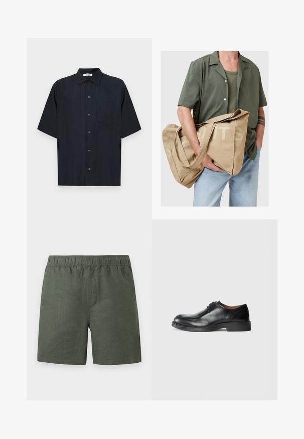 Schwarzes Kurzarmhemd aus strukturiertem Stoff, mit durchgehender Knopfleiste, einer kleinen Brusttasche und klassischem Kragen.; Grüne Leinen-Shorts mit elastischem Bund, geradem Schnitt und Seitentaschen. Leichter Stoff mit glatter Textur.; Schwarze Leder-Dressschuhe mit abgerundetem Zehenbereich, glatter Oberfläche, Schnürdetails und einer niedrigen, strukturierten Gummisohle. Saubere Linien und minimalistisches Design.; Beige Canvas-Shopper mit großen Griffen, mit Blockbuchstaben auf der Seite bedruckt. Die Tasche hat eine weiche Textur und ein geräumiges Design.
