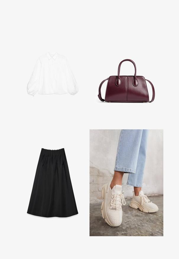 Weißes Baumwollbluse mit durchgeknöpftem Vorderteil, Kragen und voluminösen Ballonärmeln. Verfügt über feine, strukturierte Details an den Manschetten.; Schwarzer Rock aus glattem Stoff mit einem elastischen Bund und Falten, der ein fließendes Design aufweist und bis zur Mitte des Wadenbereichs reicht.; Beige gestrickte Sneaker mit strukturiertem Obermaterial, runder Spitze, dickem Sohlen und dekorativer Schnürung, kombiniert mit hellblauen, cropped Jeans.; Burgunderfarbene Handtasche aus glattem Leder, ausgestattet mit zwei runden Griffen, einem Schultergurt und minimalistischen genähten Details.; Mehrsträngige Halskette mit cremig weißen Perlen in unterschiedlichen Größen, gesichert mit einem einfachen Verschluss in Silberfarbe und Akzenten.