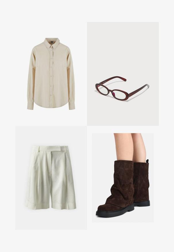 Beige long-sleeve shirt made of cotton, featuring a button-up front, pointed collar, and single chest pocket. Soft texture, relaxed fit.; Pleated shorts in light ivory fabric with a subtle abstract pattern. Features a flat waistband and relaxed fit, ideal for warm weather.; Brown suede mid-calf boots with black rubber soles worn on bare legs, showing slight wrinkling on the boot shafts.; Oval-shaped red sunglasses with clear lenses and sleek brown frames. The design features subtle curves and minimal hardware.