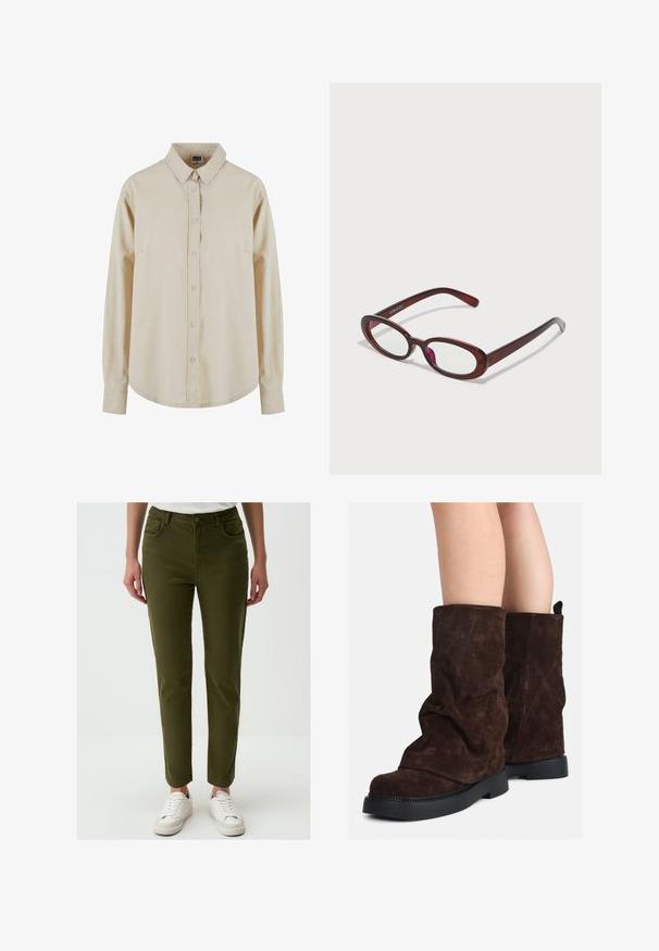 Beige Langarmhemd aus Baumwolle mit einer Knopfleiste, spitzem Kragen und einer einzelnen Brusttasche. Weicher Stoff, entspannte Passform.; Olivgrüne, schmal geschnittene Hose aus weichem Stoff mit fünf Taschen, Knopfverschluss und glatter Textur, kombiniert mit weißen Sneakers.; Braune Wildleder-Stiefel bis zur Wade mit schwarzen Gummisohlen, die an nackten Beinen getragen werden und leichte Faltenbildung an den Schafthaltern aufweisen.; Ovale rote Sonnenbrillen mit klaren Gläsern und schlanken braunen Fassungen. Das Design weist sanfte Kurven und minimalen Hardwareeinsatz auf.