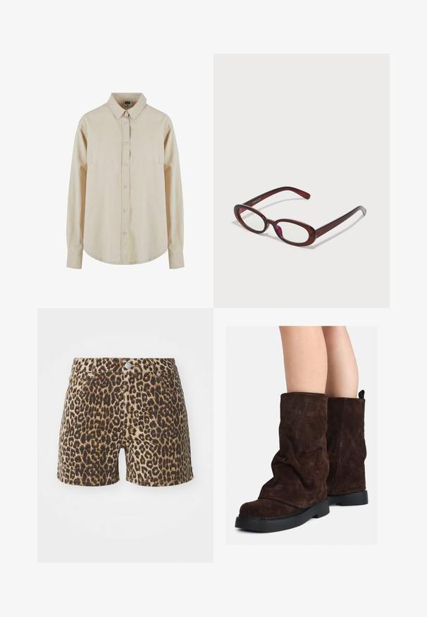 Beige košile s dlouhým rukávem vyrobená z bavlny, s knoflíkovým zapínáním, špičatým límcem a jednou náprsní kapsou. Měkká textura, uvolněný střih.; Kraťasy s leopardím potiskem v béžových a hnědých odstínech, s kapsami, zapínáním na knoflík a přiléhavým střih. Vyrobeny z lehkého materiálu.; Hnědé semišové kozačky po lýtka s černými gumovými podrážkami nošené na nahých nohách, s mírným pomačkáním na nohavicích.; Ovalo tvarované červené sluneční brýle s průhlednými skly a elegantními hnědými rámy. Design má jemné křivky a minimální hardware.