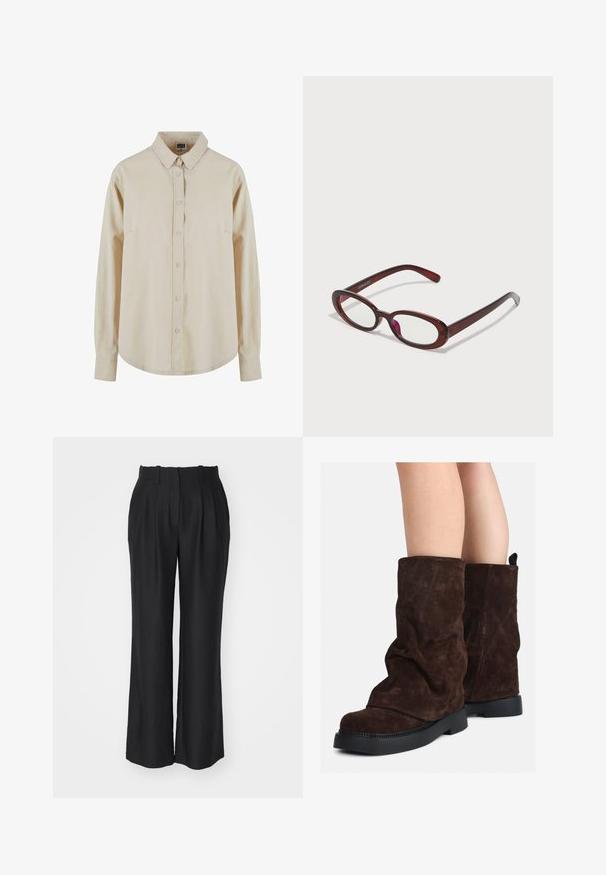 Beige langermet skjorte laget av bomull, med knappestolpe i front, spiss krage og en brystlomme. Myk tekstur, avslappet passform.; Sorte vide benbukser med høy midje, med folder, laget av et glatt, teksturert stoff, med rett snitt til kanten.; Brune suedestøvler til midt på leggen med sorte gummisåler, båret på nakne legger, som viser lett rynking på støvelskaftene.; Ovale røde solbriller med klare linser og slanke brune rammer. Designet har subtile kurver og minimalt med utstyr.