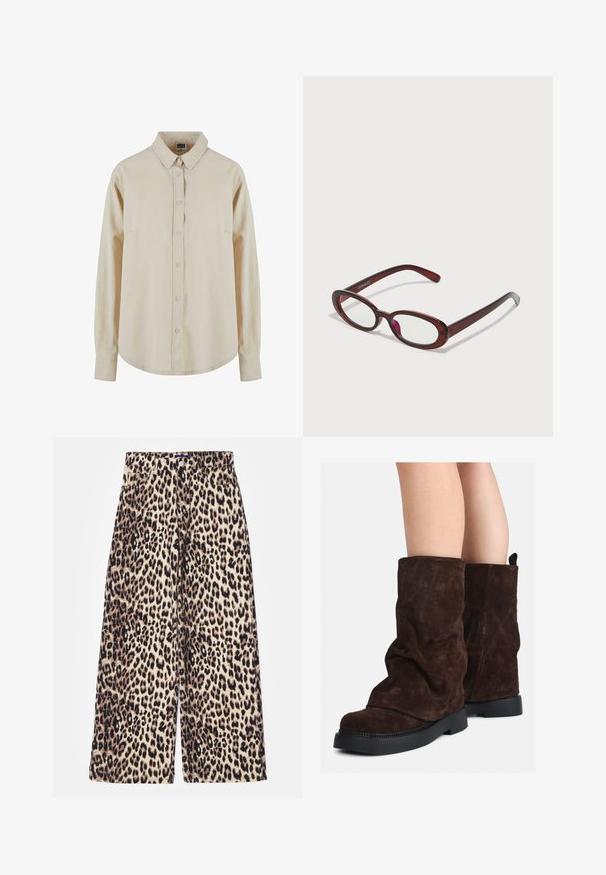 Beige košile s dlouhým rukávem vyrobená z bavlny, s knoflíkovým zapínáním, špičatým límcem a jednou náprsní kapsou. Měkká textura, uvolněný střih.; Kalhoty širokého střihu s leopardím vzorem, vyrobené z bavlněné směsi. Mají vysoký pas, zapínání na knoflík a přední kapsy. Barevná paleta zahrnuje béžovou a černou.; Hnědé semišové kozačky po lýtka s černými gumovými podrážkami nošené na nahých nohách, s mírným pomačkáním na nohavicích.; Ovalo tvarované červené sluneční brýle s průhlednými skly a elegantními hnědými rámy. Design má jemné křivky a minimální hardware.