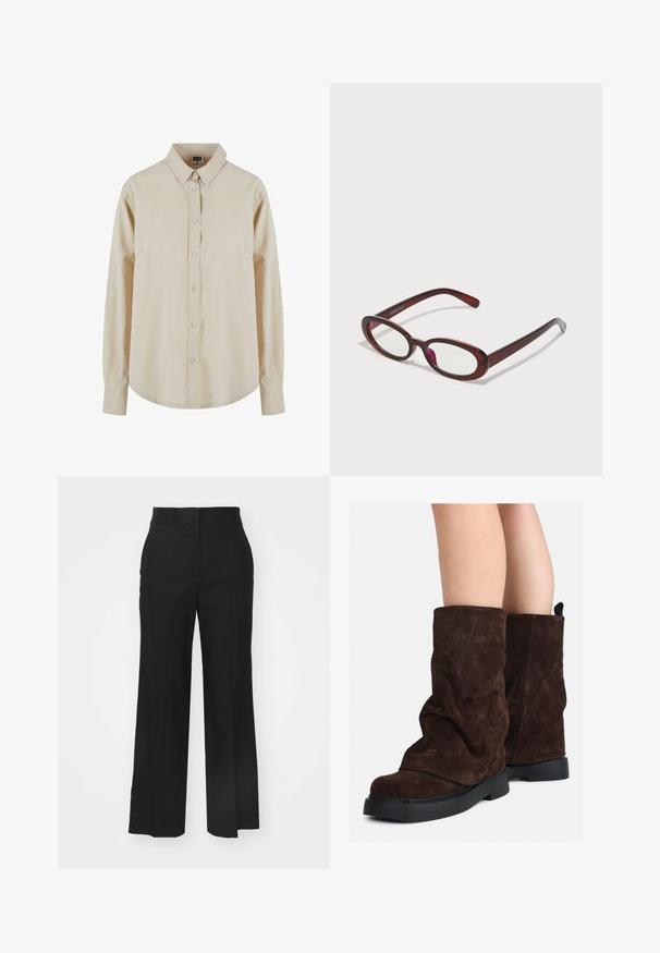 Beidzana garām piedurknēm krekls, kas izgatavots no kokvilnas, ar pogu aizdari priekšā, norādītu apkakli un vienu krūšu kabatu. Mīksta tekstūra, brīvs piegriezums.; Melni plaši bikses, kas izgatavotas no viegla auduma, ar platu priekšpusi, jostas loku un tīru apdari pie apakšmalas.; Brūni zamšādas puszābaki līdz teļiem ar melnām gumijas zālēm uz atklātām kājām, ar vieglu krokām uz zābaku kājām.; Ovālas formas sarkanās saulesbrilles ar caurspīdīgām lēcām un gludām brūnām rāmī. Dizainā ir nemanāmas līknes un minimāls aparatūras daudzums.