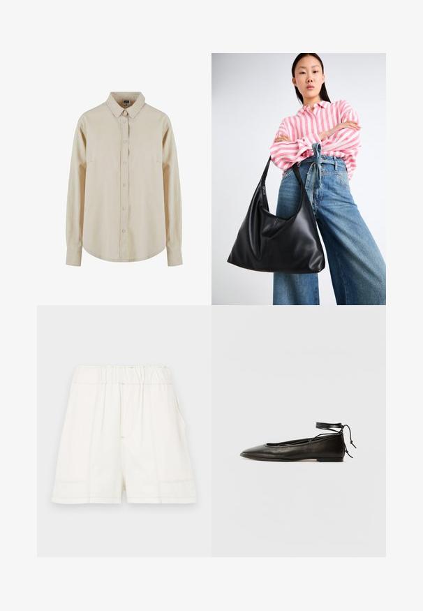Beige langærmet skjorte lavet af bomuld, med knaplukning foran, spids krave og en enkelt brystlomme. Blød tekstur, afslappet pasform.; Hvide bomuldsshorts med elastisk talje, der har sidelommer og synlige sømdetaljer for ekstra tekstur.; Sorte læder ballerinaer med spids tå, ankelbinding og flad sål, der har en glat tekstur og minimalistisk design.; Sort læder skuldertaske med en afslappet form og sømdetaljer. Modellen har en lyserød og hvid stribet skjorte på sammen med blå jeans med brede ben.