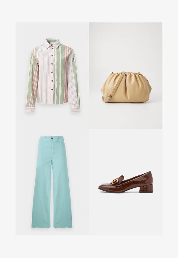 Pruhovaná košile s knoflíky v zelené, bílé a růžové barvě. Má límec, dlouhé rukávy a zakřivený lem s kontrastními manžetami a knoflíky.; Široké nohavice z lehkého modrého materiálu s třepeným lemem. Mají zapínání na knoflík a běžné kapsy. Hladká textura po celé ploše.; Hnědé kožené mokasíny s lesklým povrchem, se zdobnou zlatou sponou na přední straně a nízkým blokovým podpatkem. Klasický design.; Kožená taška v tan barvě s plisovaným designem, nastavitelným popruhem a zaobleným tvarem. Minimalistické logo na přední straně.