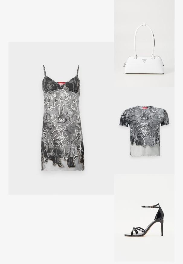 Korte mouwen T-shirt in zwart en grijs met een abstract draaipatron, voorzien van een gegolfde zoom en een rood label op de halslijn.; Mouwloze jurk in zwart en grijs met een abstract spiraalpatroon. Heeft dunne bandjes en een subtiele geschulpte zoom. Merkenlabel zichtbaar.; Zwarte lakleren hoge hakken sandalen met meerdere banden, enkelband, spitse neus en een goudkleurig hardwaredetail.; Witte leren handtas met een gebogen vorm, voorzien van een zilveren driehoekig logo en ritssluiting. Gladde textuur en dubbele handvaten.