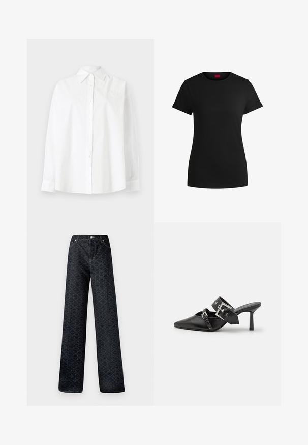 Valge nööbiga särk, mis on valmistatud puuvillast, klassikalise krae, pikad varrukad ja peene südametikandiga vasakul ülal.; Must must t-särk lühikeste keeratud varrukatega, ümmarguse kaeluse ja punase etiketiga. Sile tekstuur, sobiv kuju minimaalsete detailidega.; Tumedat sinised laiad püksid geomeetrilise mustriga, valmistatud denimist. Omab metallist nööpi, tõmbluku ja esipocketsi õmblemist.; Mustad mustad kõrged kontsad, terava toe ja siledast nahast. Omab laia pahkluu rihma ruudukujulise hõbedase klambri ja nurgakujuliste naeltega.