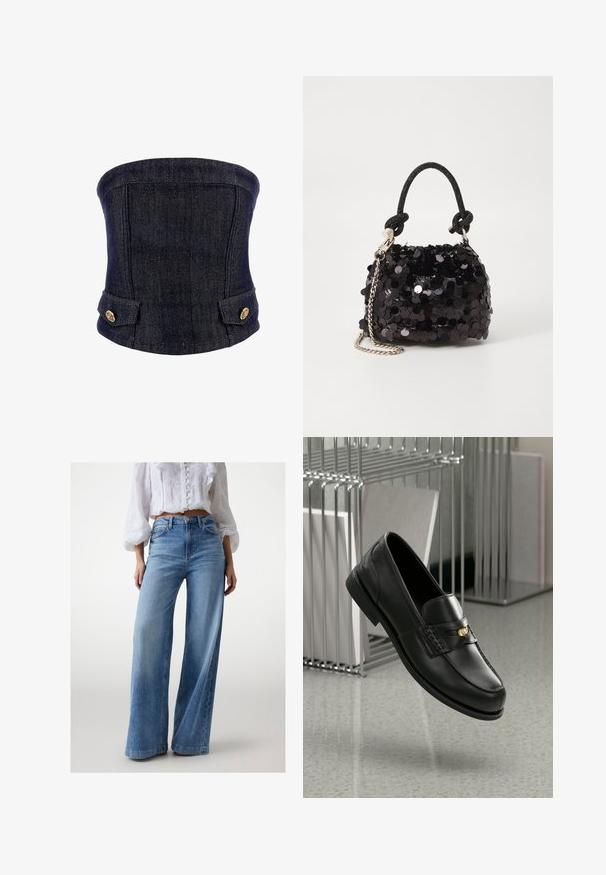 Dunkelblaue Denim-Corsage mit strukturierter Form, seitlichen Knöpfen und enganliegendem Design. Texturiertem Stoff mit Fischgrätenmuster.; Helle Jeans mit weitem Bein aus Denim, mit hoher Taille, dezentem Fade-Effekt und klassischem Fünf-Taschen-Design. Abgerundet mit einem Metallknopf.; Schwarze Lederloafers mit glatter Oberfläche, ausgestattet mit einem dekorativen Band und kleinen goldenen Akzenten. Die Sohle ist flach und hat eine abgerundete Zehenpartie.; Schwarze Pailletten-Mini-Handtasche mit einem geknoteten, strukturierten Tragegurt und einer silbernen Kette. Abgerundete Form mit gerafftem oberen Teil und reflektierenden Details.