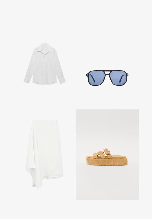 Bílá dlouhá košile s dlouhým rukávem vyrobená z hladkého materiálu. Má klasický límec, knoflíkovou légu a knoflíkové manžety s uvolněným střihem.; Asymetrická bílá sukně vyrobená z měkké, lehké tkaniny; detailem roztrhaného spodního okraje; hladká textura; elegantně padá na jedné straně.; Steve Madden BIGMISSILE - Domácí obuv - beige; Stradivarius RETRO - Sluneční brýle - light blue